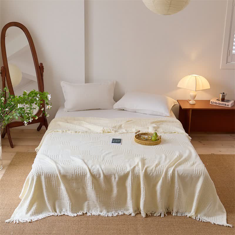 Checkerboard Waffle Cotton Quilt Blanket - Beige - Queen - image 6