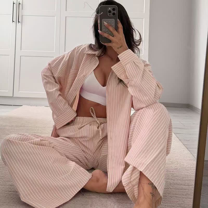 Classic Vertical Stripe Pajama Set - Light Pink - L - image 4