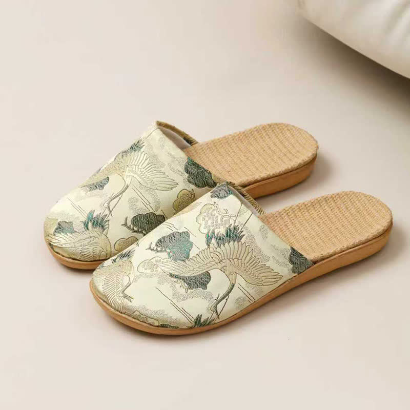 Oriental Style Crane Print Linen Slippers - Light Green - 3XL - image 5