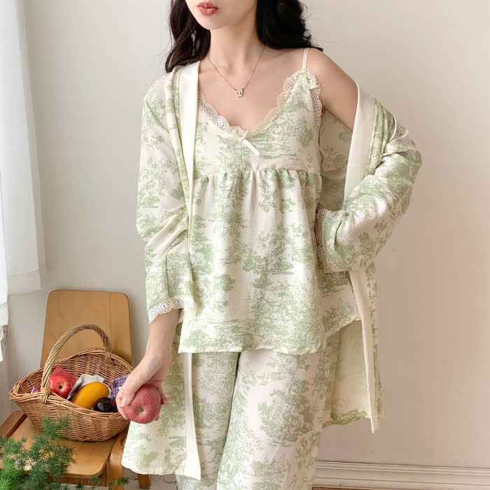 Ink Wash Landscape Lace Trim Pajamas(3PCS) - Green - XXL - image 6