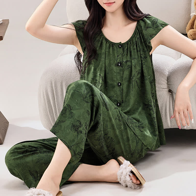 Green Floral Ruffle Sleeve Loungewear Set - image 2