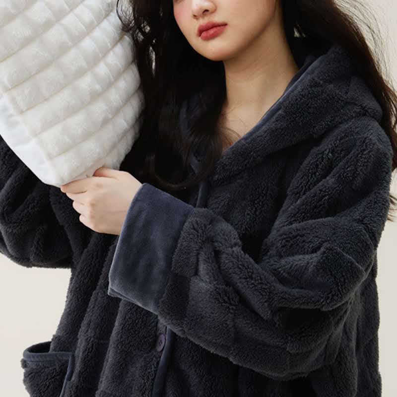 Solid Plush Checkered Texture Hooded Robe - image 9
