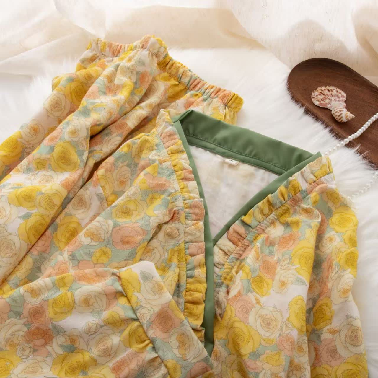 Yellow Floral Cotton Ruffle Wrap Loungewear Set - image 1