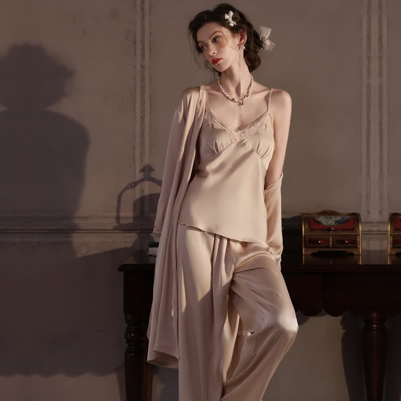 Elegant Silky Lace Trim Loungewear Set(3PCS) - image 11