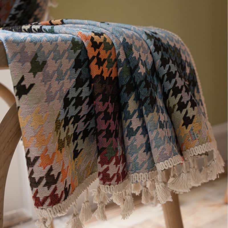 Colorful Houndstooth Jacquard Curtain with Tassel - image 3