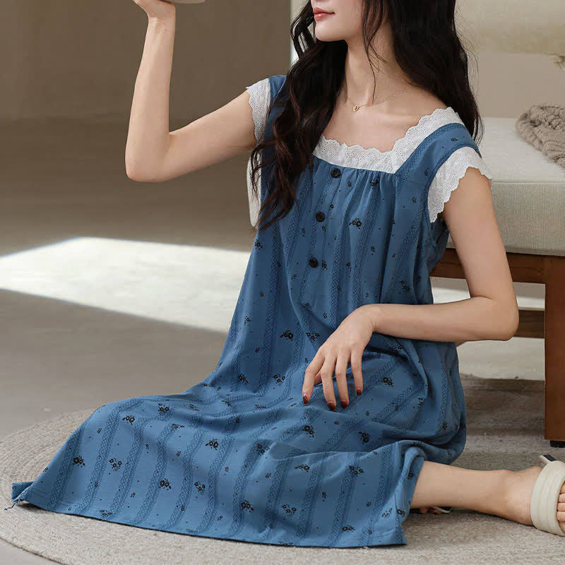 Striped Floral Cotton Lace Sleeveless Nightgown - image 4