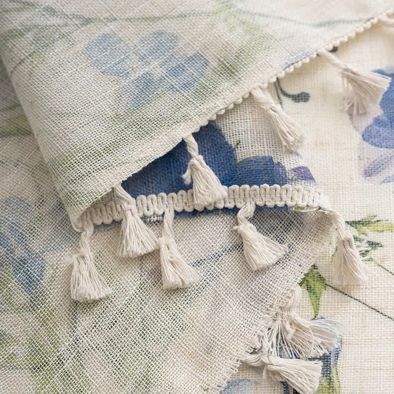 Blue Floral Print Curtain With Tassel - image 4