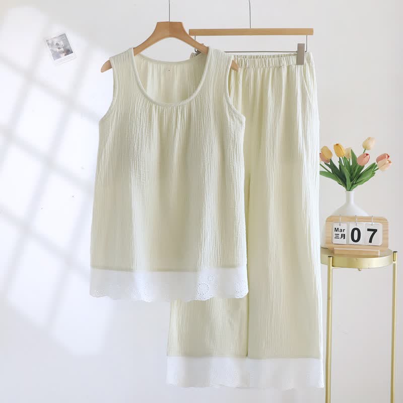 Solid Cotton Gauze Lace Loungewear Set - Green - XXL - image 14