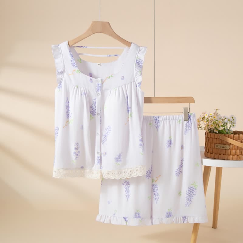 Purple Floral Cotton Ruffle Lace Pajama Set - Purple - XL - image 0