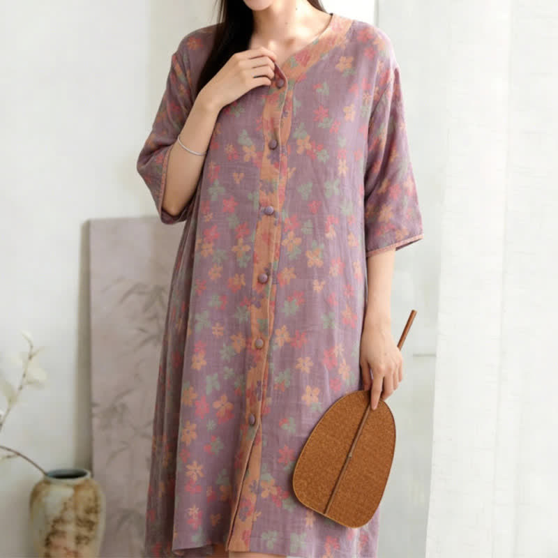 Purple Floral Cotton Gauze Lounge Dress - image 1