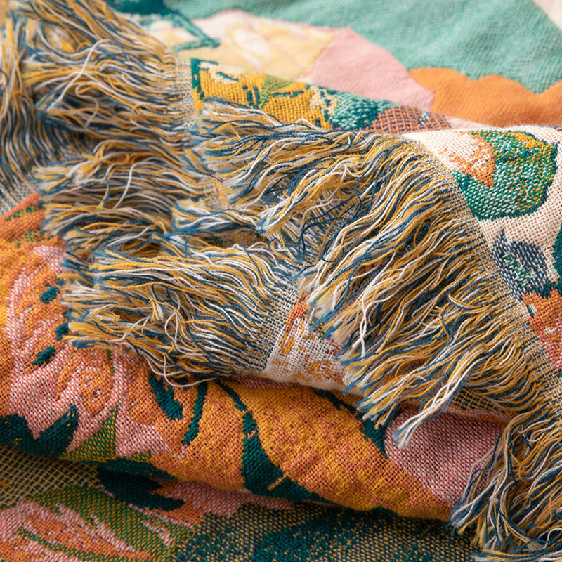 Vintage Oil Painting Rosy Fringed Gauze Quilt - image 4