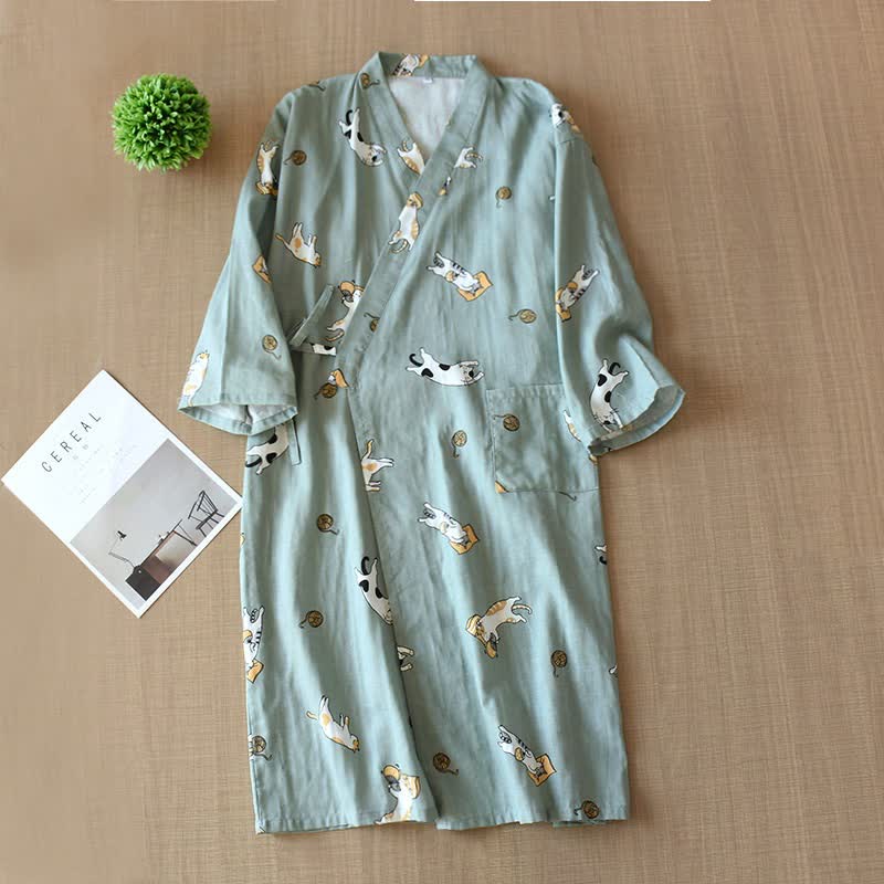 Couple Matching Cat Cotton Kimono Robe - Green - Male - XL - image 11