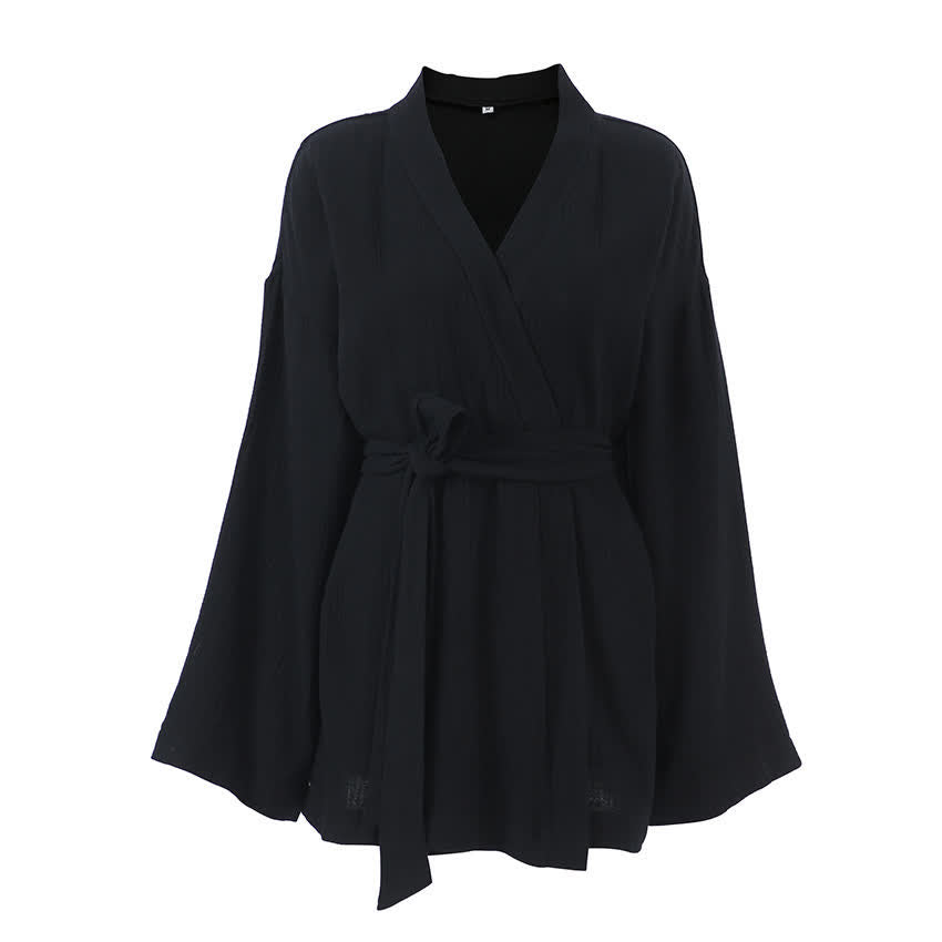 Black Cotton Kimono Short Robe - image 4