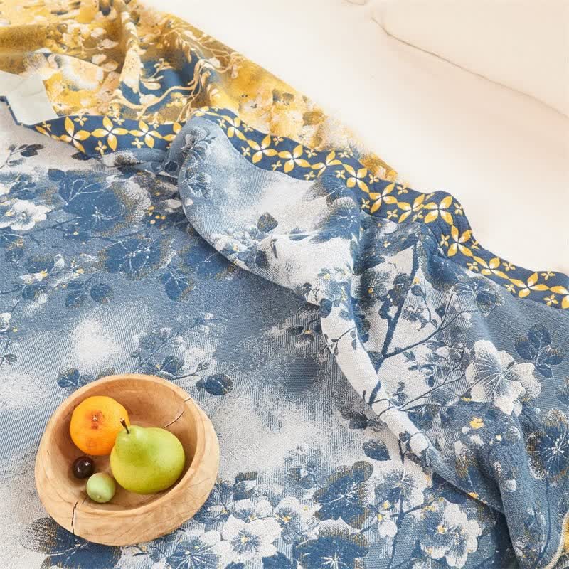 Blue Watercolor Floral Cotton Muslin Quilt - image 7