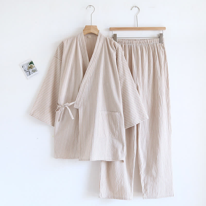 Unisex Striped Cotton Gauze Kimono Pajamas - Khaki - L - image 3