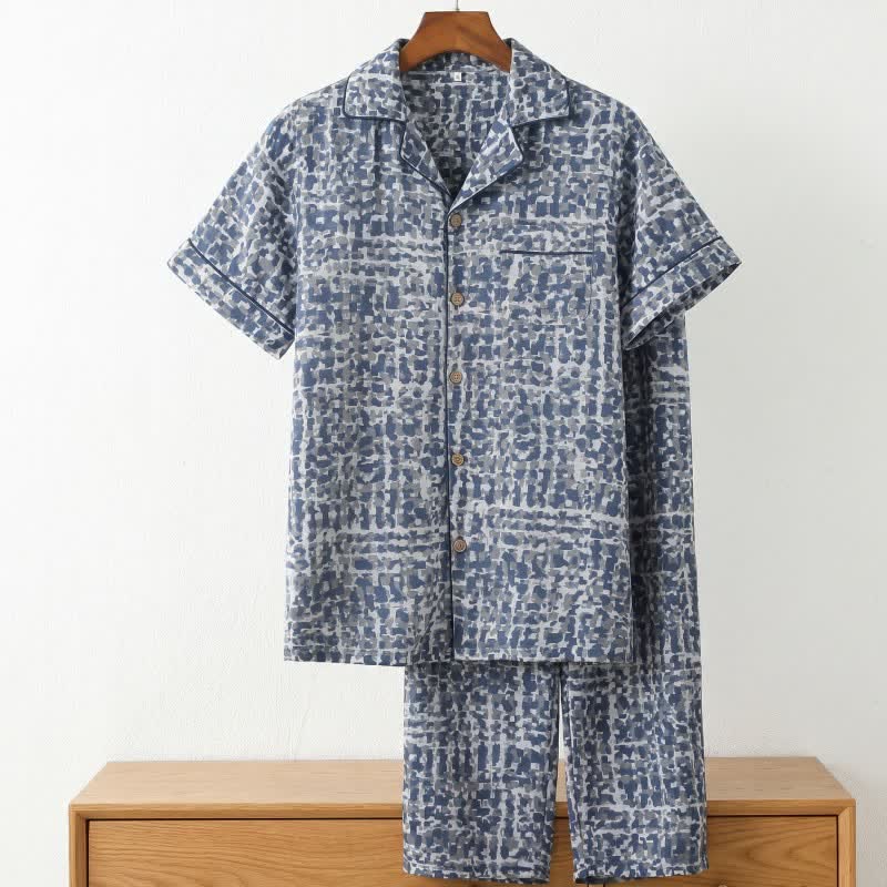 Blue Abstract Plaid Cotton Loungewear Set - image 2