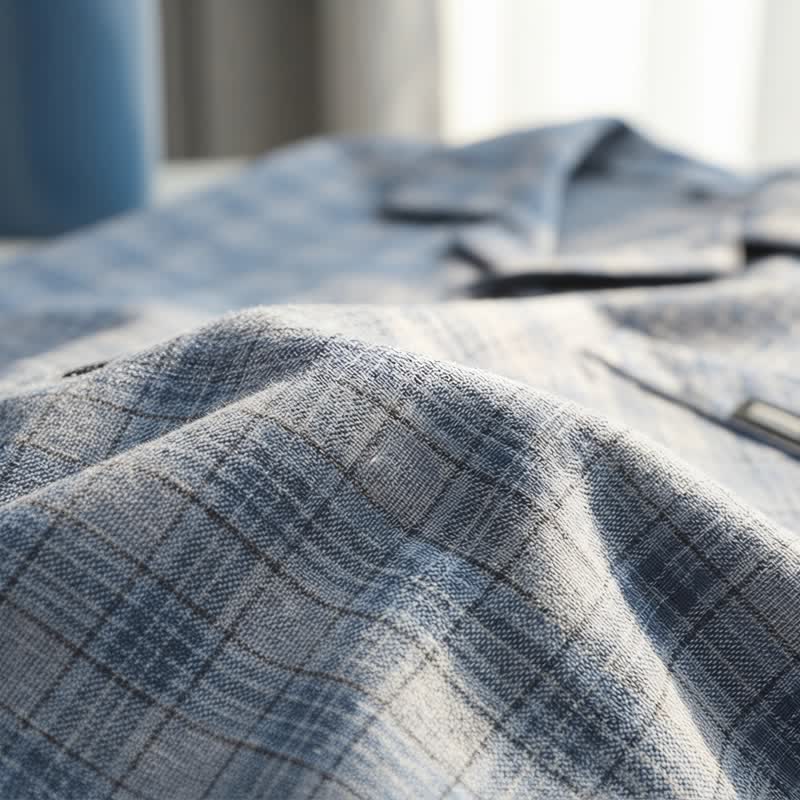 Cotton Blue-Gray Plaid Button Loungewear Set - image 7
