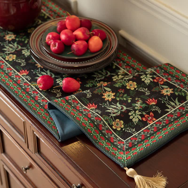Vintage Floral & Leaf Tassel Table Runner - image 3