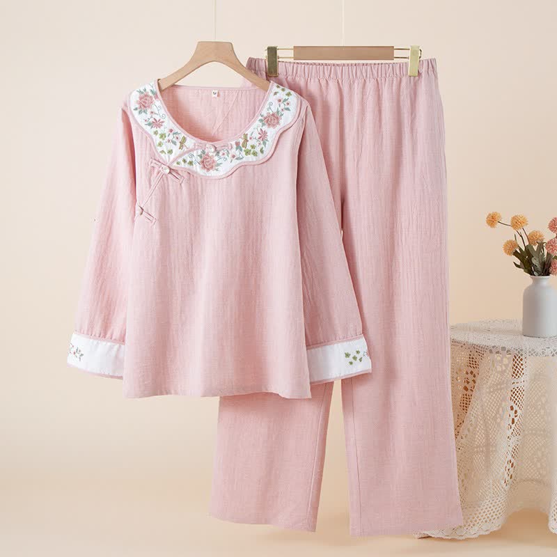 Floral Embroidered Cotton Linen Women's Pajamas - Pink - XL - image 15