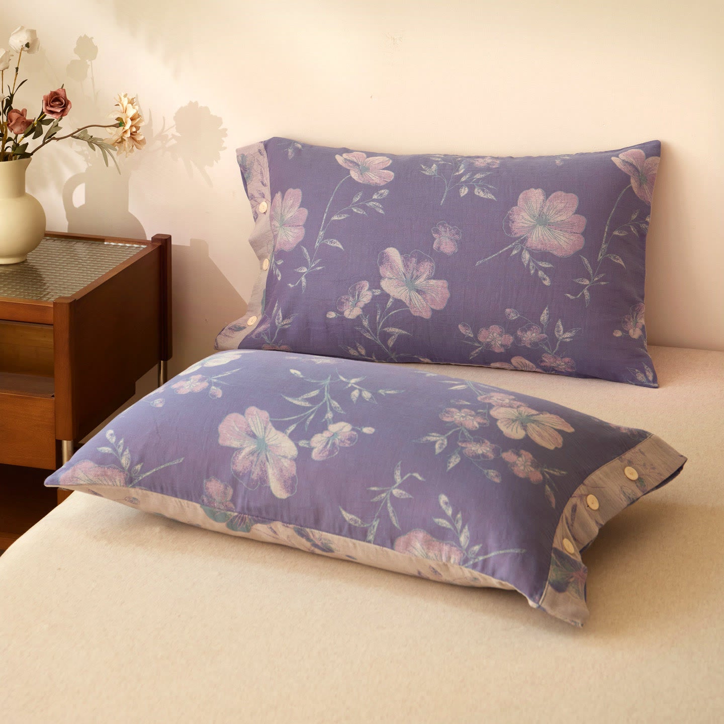 Purple Floral Jacquard Cotton Gauze Bedding - 2PCS Pillowcases - 19" x 29" - image 2