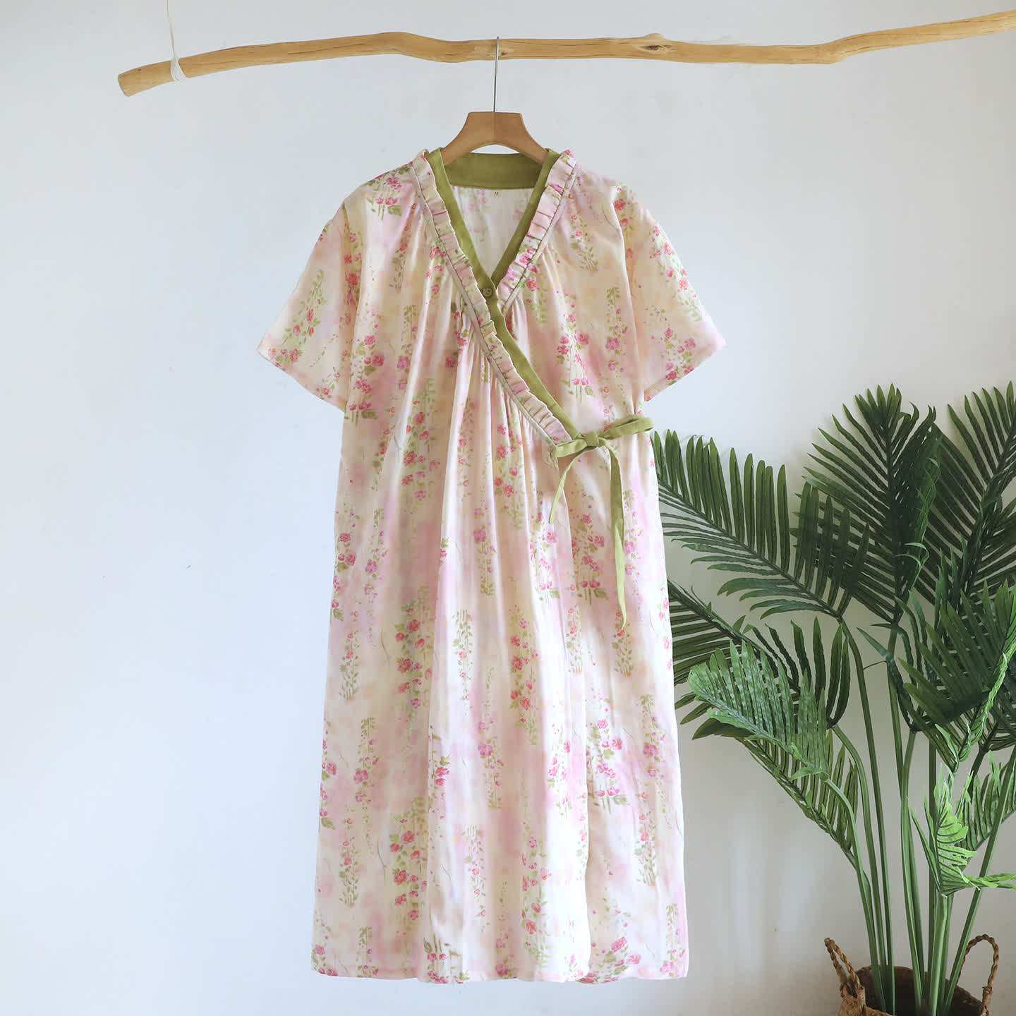 Kimono Floral Cotton Gauze Ruffle Trim Nightdress - Beige - L - image 0
