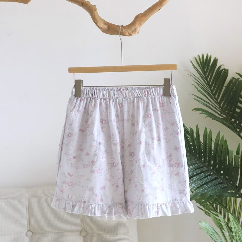 Floral Cotton Gauze Ruffle Pajama Shorts - Purple - XL - image 1