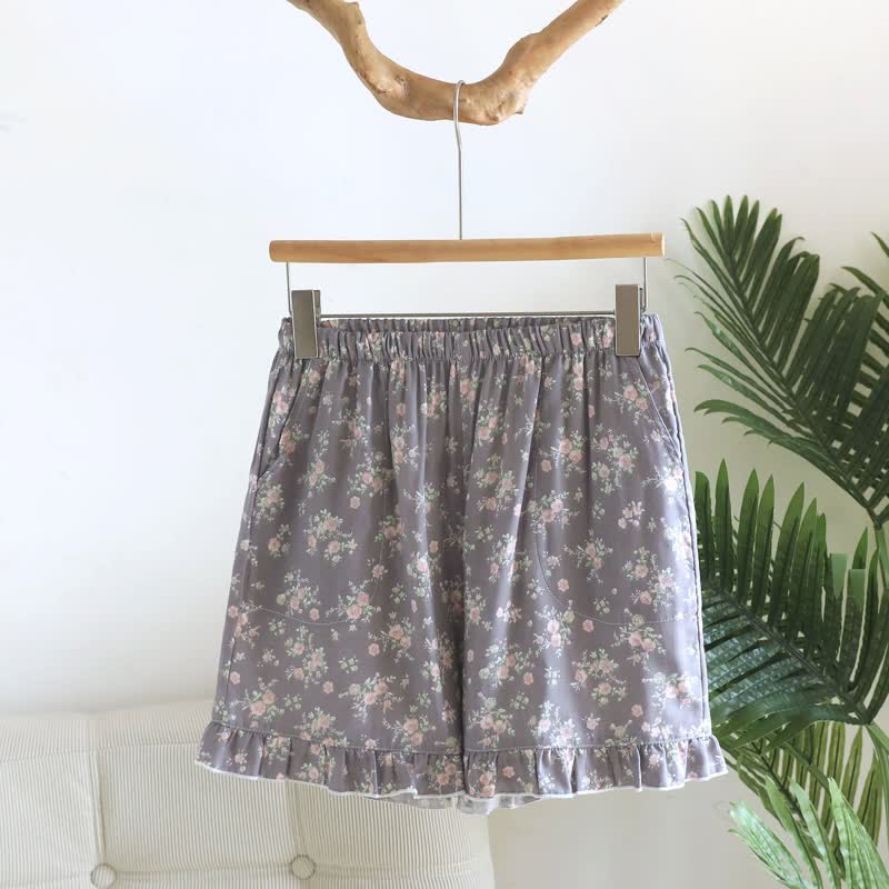 Floral Cotton Ruffle Pajama Shorts - Gray - XL - image 9