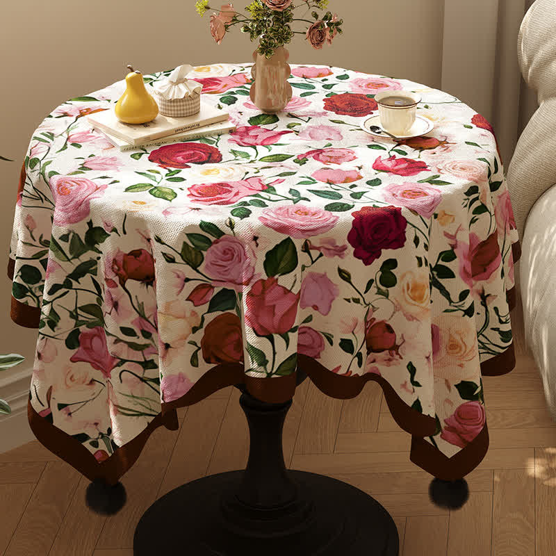 Vintage Rose Pom Trim Tablecloth - Red - 55" x 86" - image 0