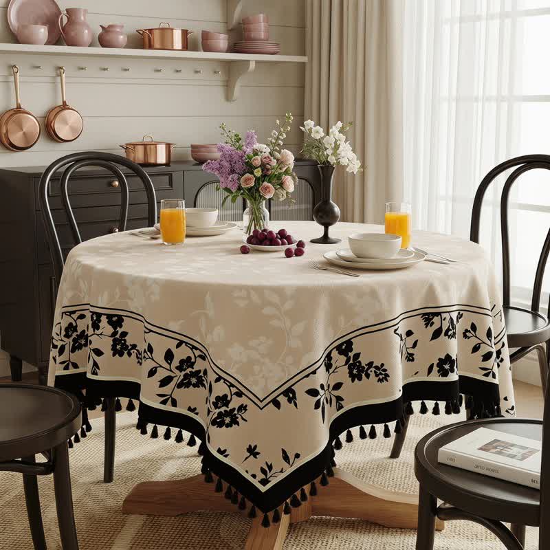 Black & Beige Floral Print Tassel Tablecloth - image 1