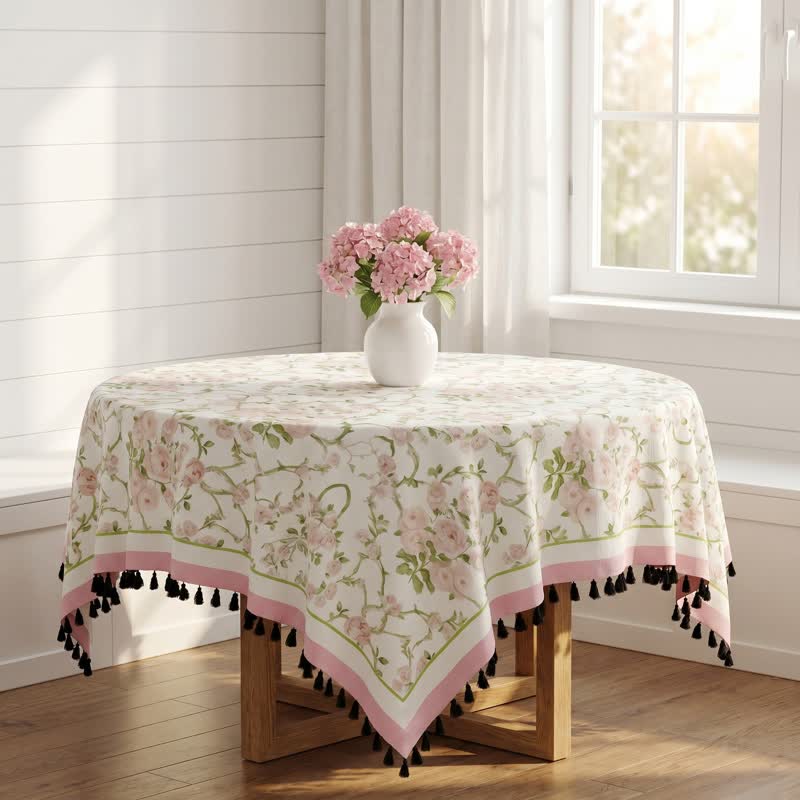Pink Floral Vine Print Tassel Tablecloth - image 2