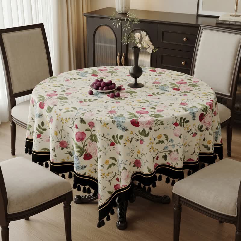 Multicolor Rose Print Tassel Trimmed Tablecloth - image 3