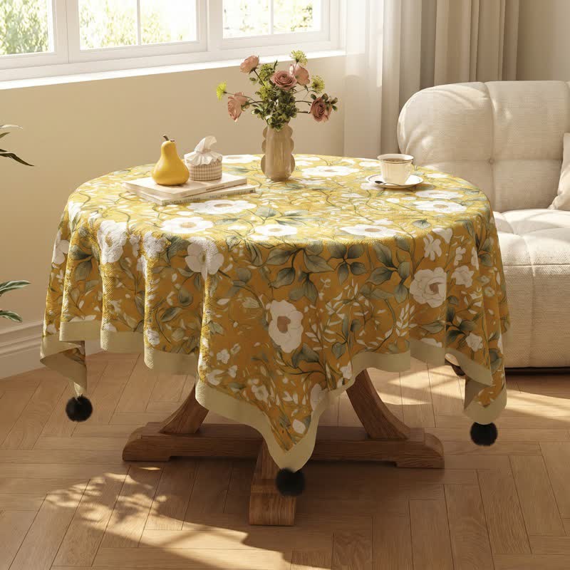 Camellia Floral Pom-Pom Trimmed Tablecloth - image 3