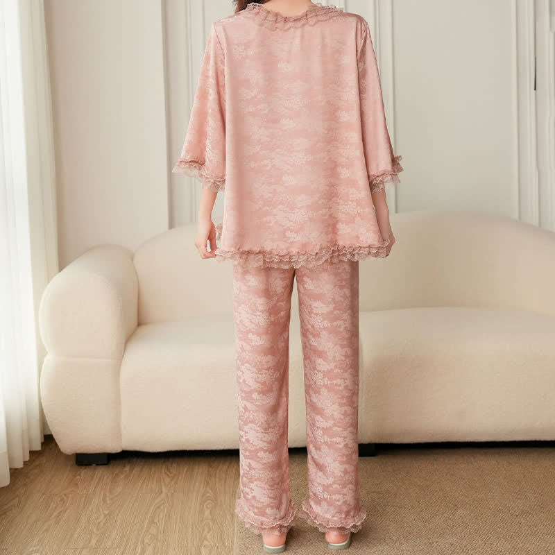 Pink Ruffle Trim Jacquard Pajama Set(3PCS) - image 9