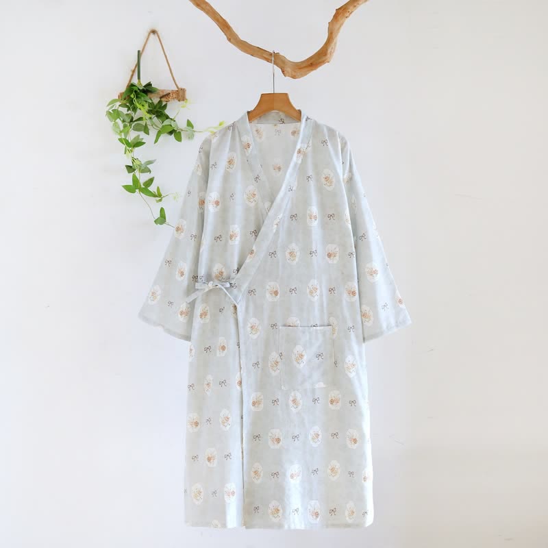 Framed Rose & Bow Cotton Kimono Robe - Blue - L - image 12