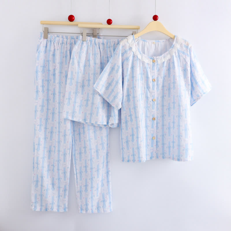 Blue Bow Print Cotton Ruffle Pajamas(3PCS) - image 1