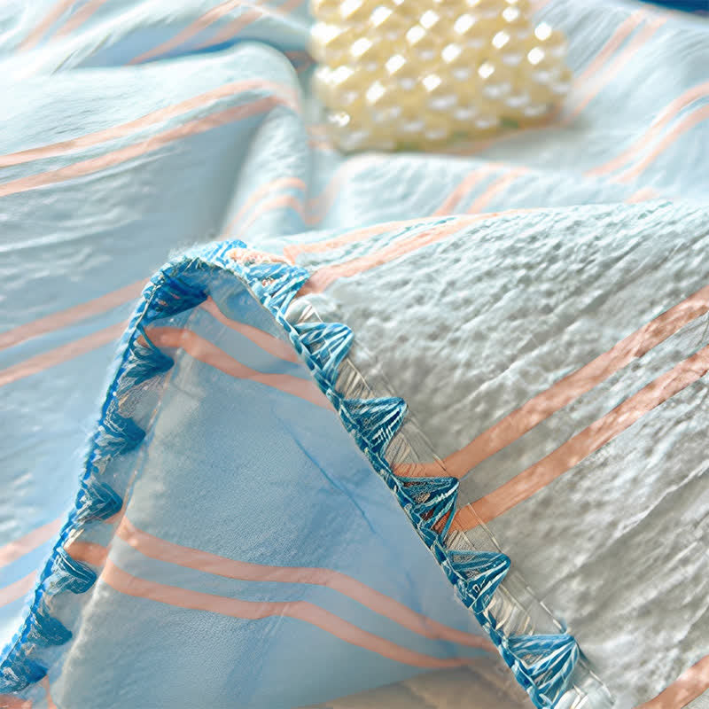 Mint Striped Trim Crinkled Knitted Cotton Quilt - image 9