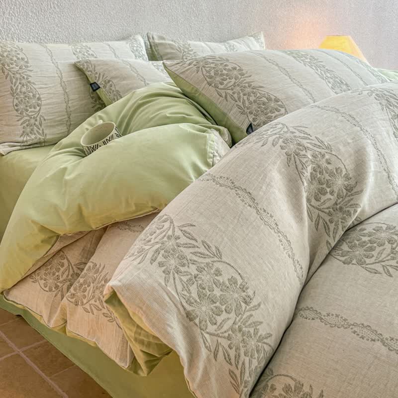 Washed Cotton Jacquard Botanical Bedding Set - Green - King - Flat Sheet - image 5