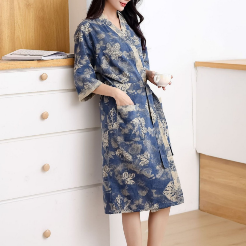 Maple Leaf Cotton Gauze Kimono Bathrobe - image 1