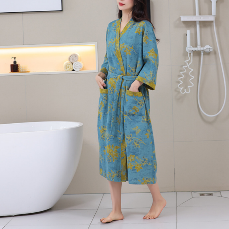 Blue Floral Cotton Gauze Kimono Bathrobe - image 1