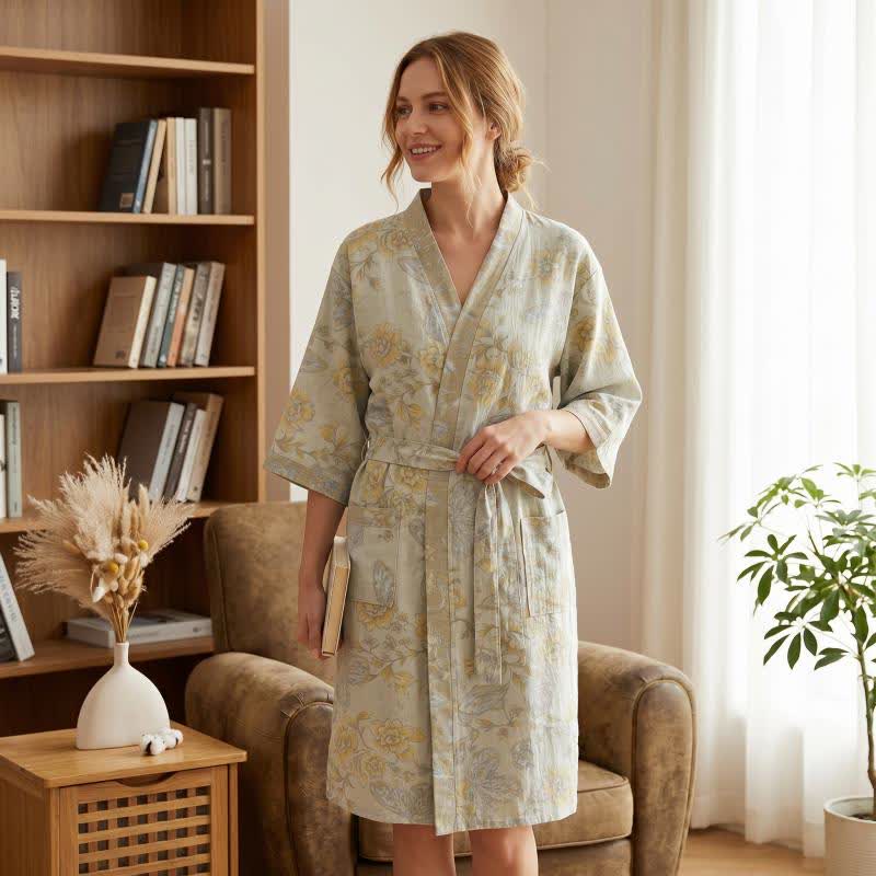 Floral Butterfly Cotton Gauze Kimono Bathrobe - image 1