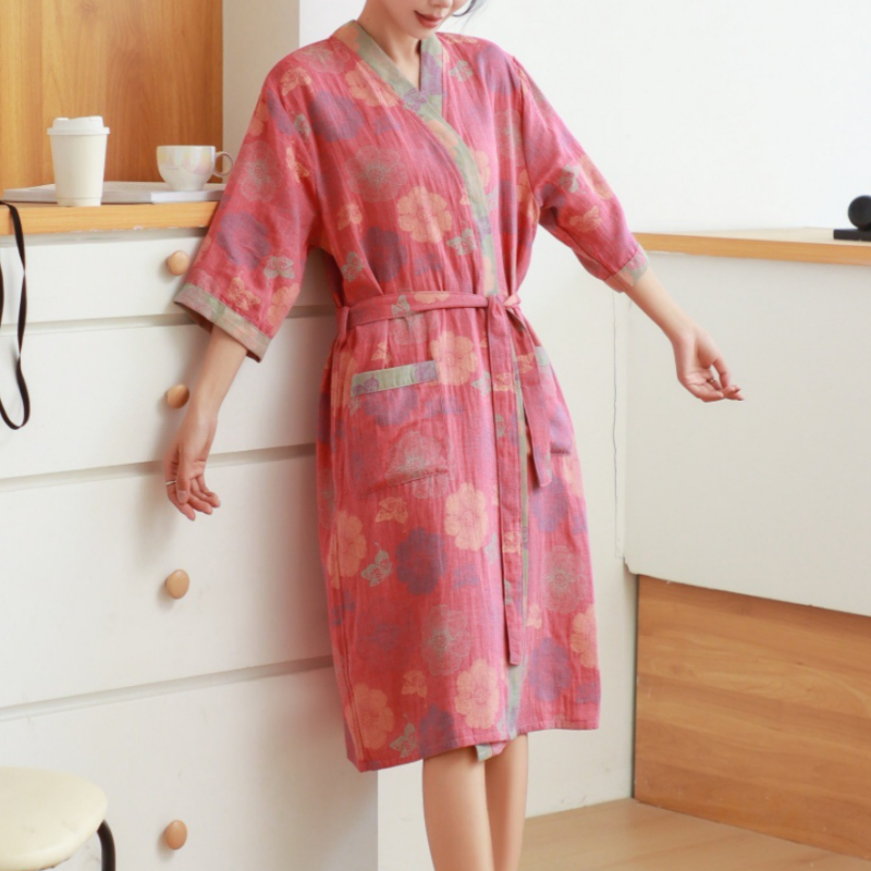 Pink Floral Cotton Gauze Kimono Bathrobe - image 1