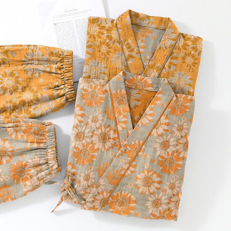 Retro Sunflower Cotton Kimono Pajama Set - image 11
