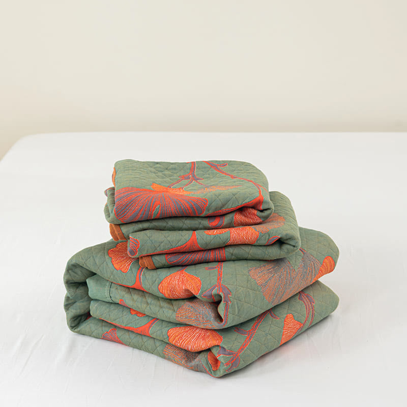 Orange Ginkgo Leaf Cotton Reversible Quilt - image 10