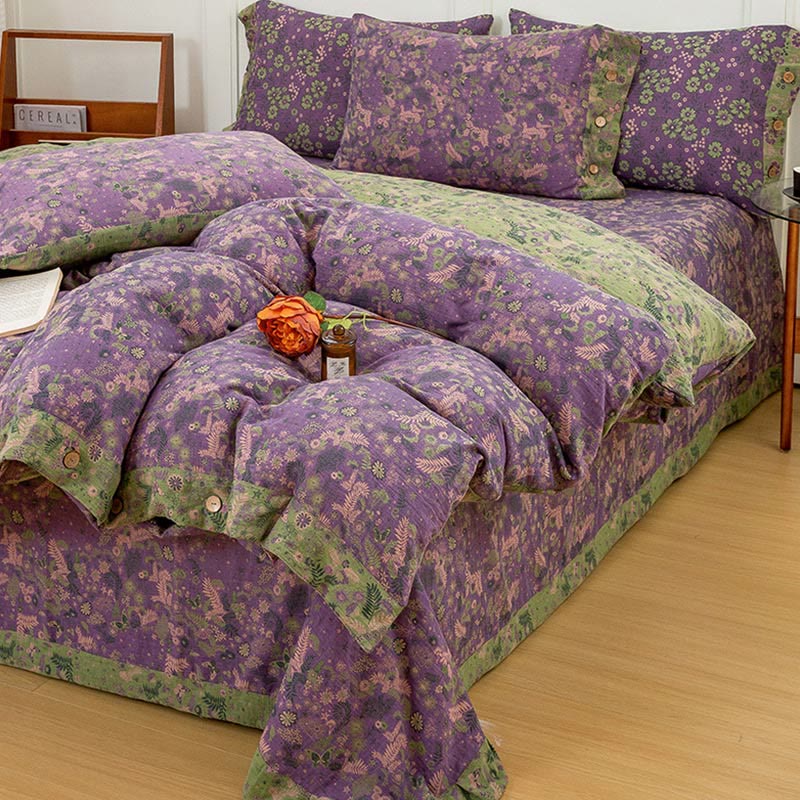 Boho Flower Purple Cotton Bedding Sets(4PCS)