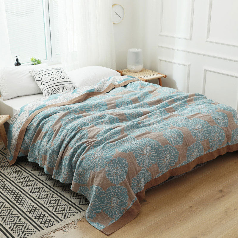 Lightweight Peony Cotton Reversible Blanket - Khaki & Blue - 79" x 90" - image 11