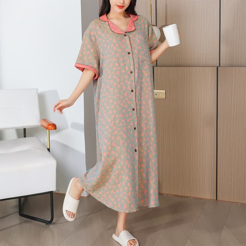 Elegant Flower Cotton Gauze Long Nightgown