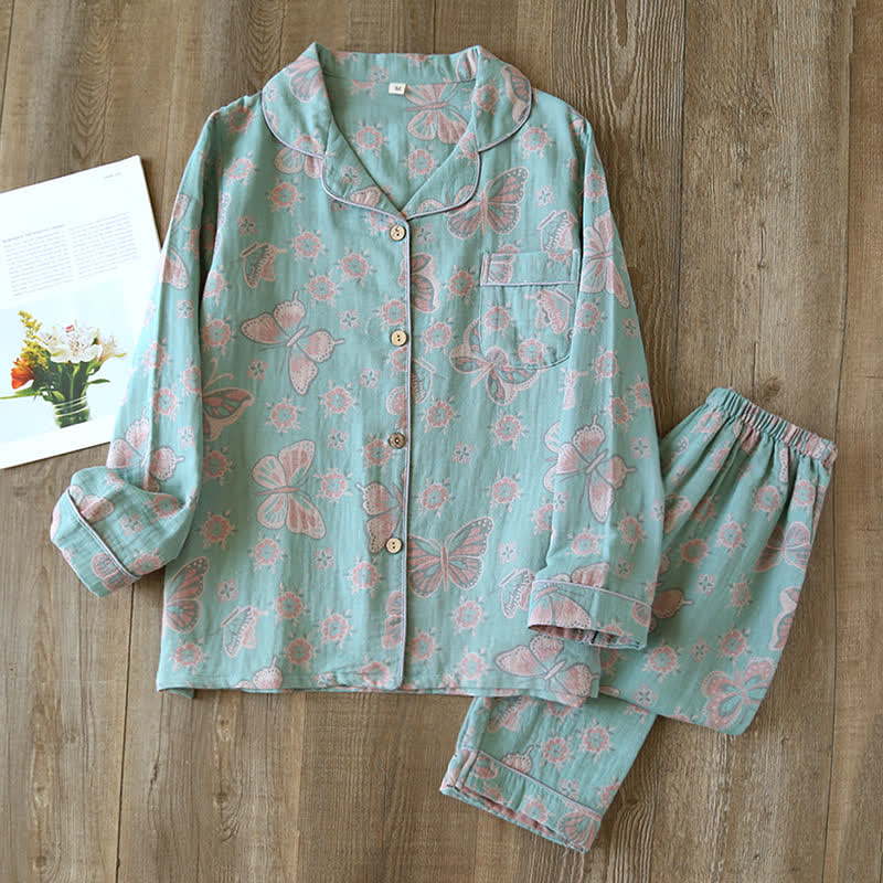 Vintage Butterfly Print Cotton Loungewear Set - Blue - XL - image 9