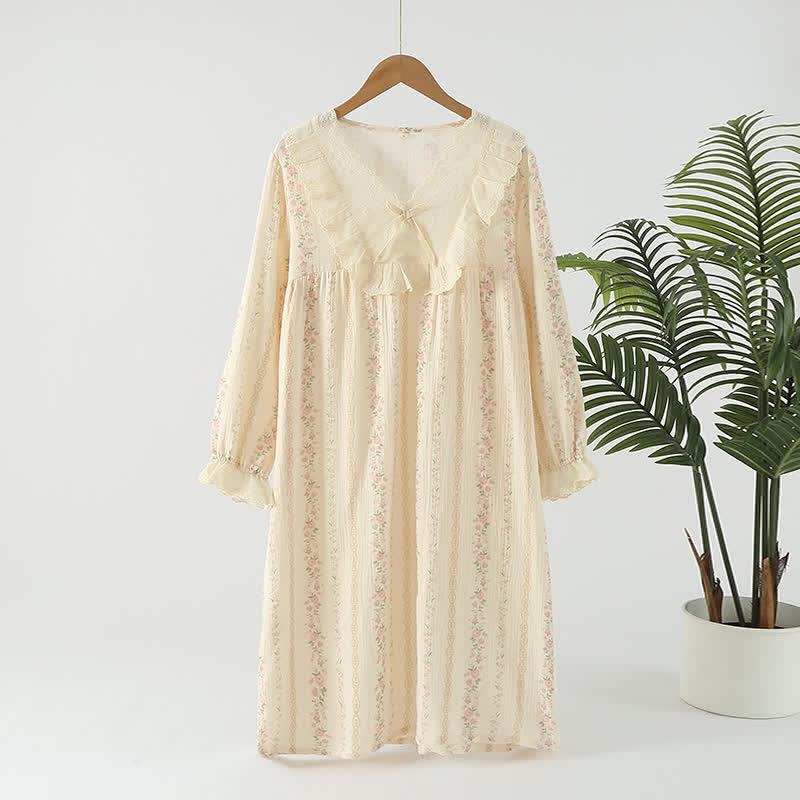 Pastoral Cotton Double Layers Gauze Nightgown - Beige & Pink - XL - image 9