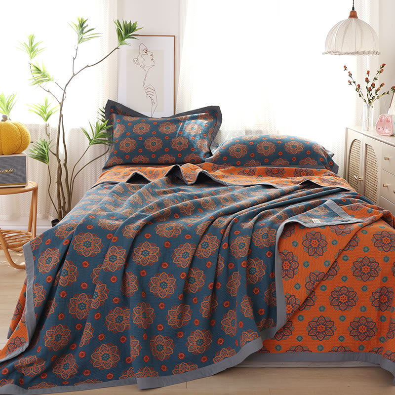 Ownkoti Flower Woven Cotton Gauze Reversible Quilt - 2PCS Pillowcases - Blue & Orange - 19" × 31" - image 1
