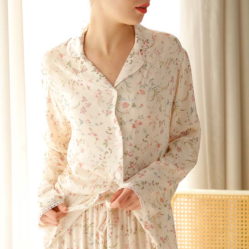 Ownkoti Floral Satin V-Neck Long Sleeve Loungewear